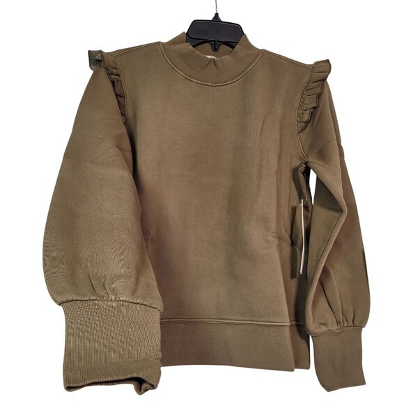 Goodthreads Women Heritage Fleece Long Sleeve Ruffle Shoulder Sweatshirt Olive M - Picture 4 of 11